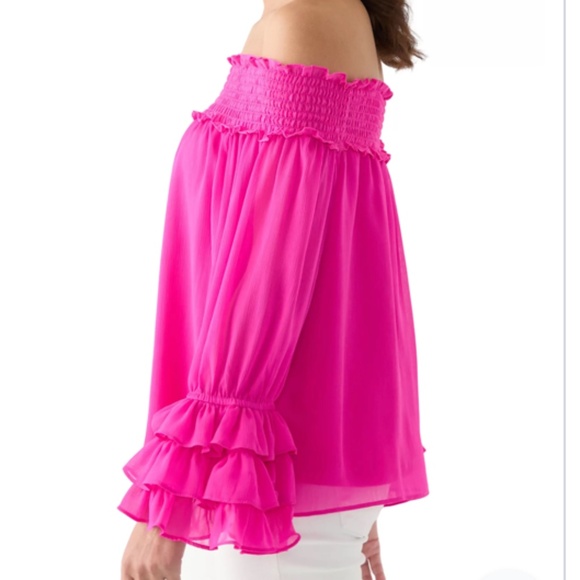 CeCe Elegant Red Ruffled sleeve Women's smocked off shoulder blouse top.  #492 - Picture 15 of 15